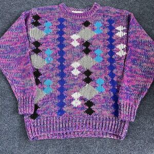 Vintage Tomato Sweater Mens Medium Multicolor Argyle Crewneck 80s‎ Knit Bold